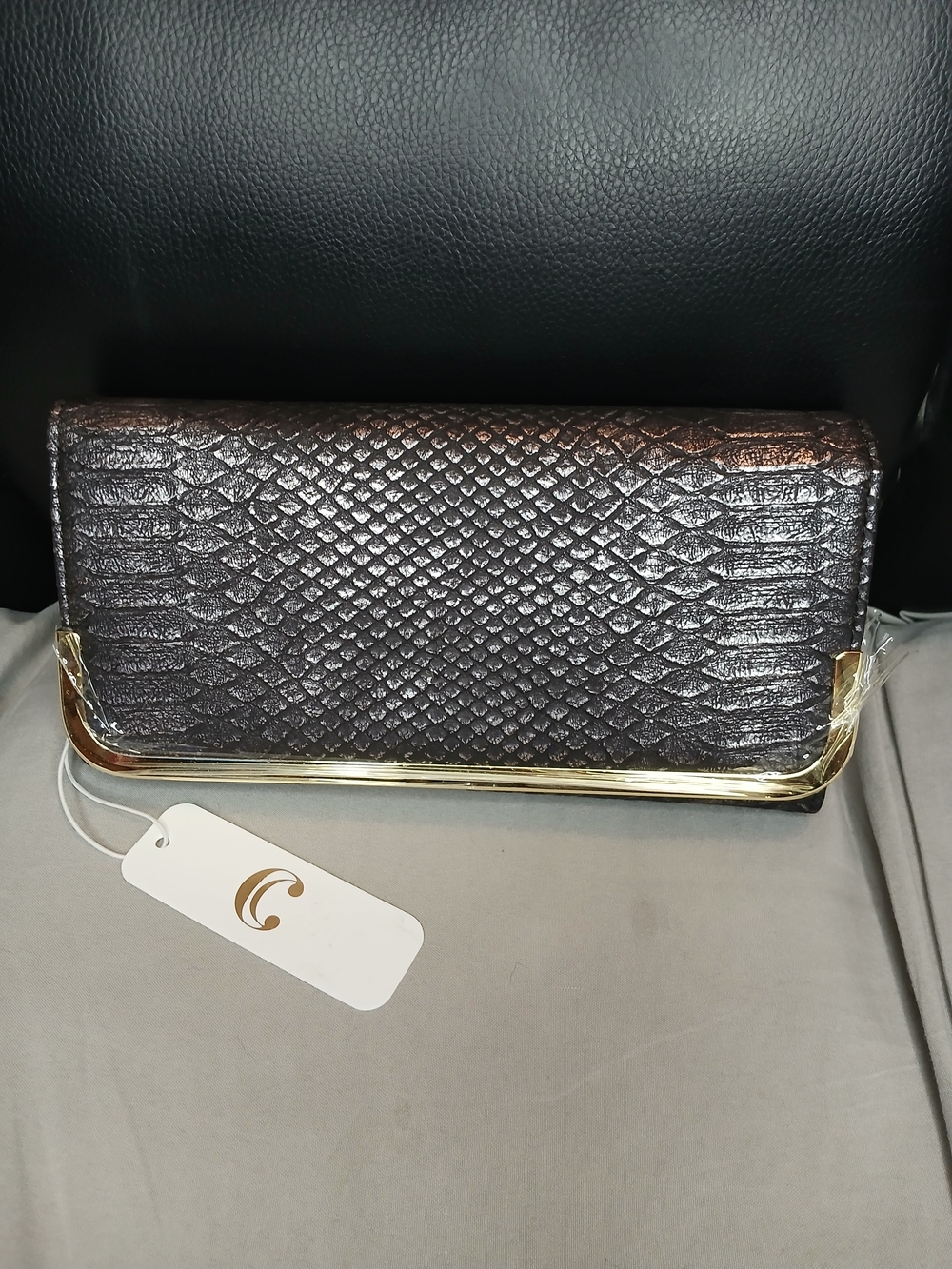 Charming Charlie Metallic Black Snake-Embossed Wallet with Gold Trim